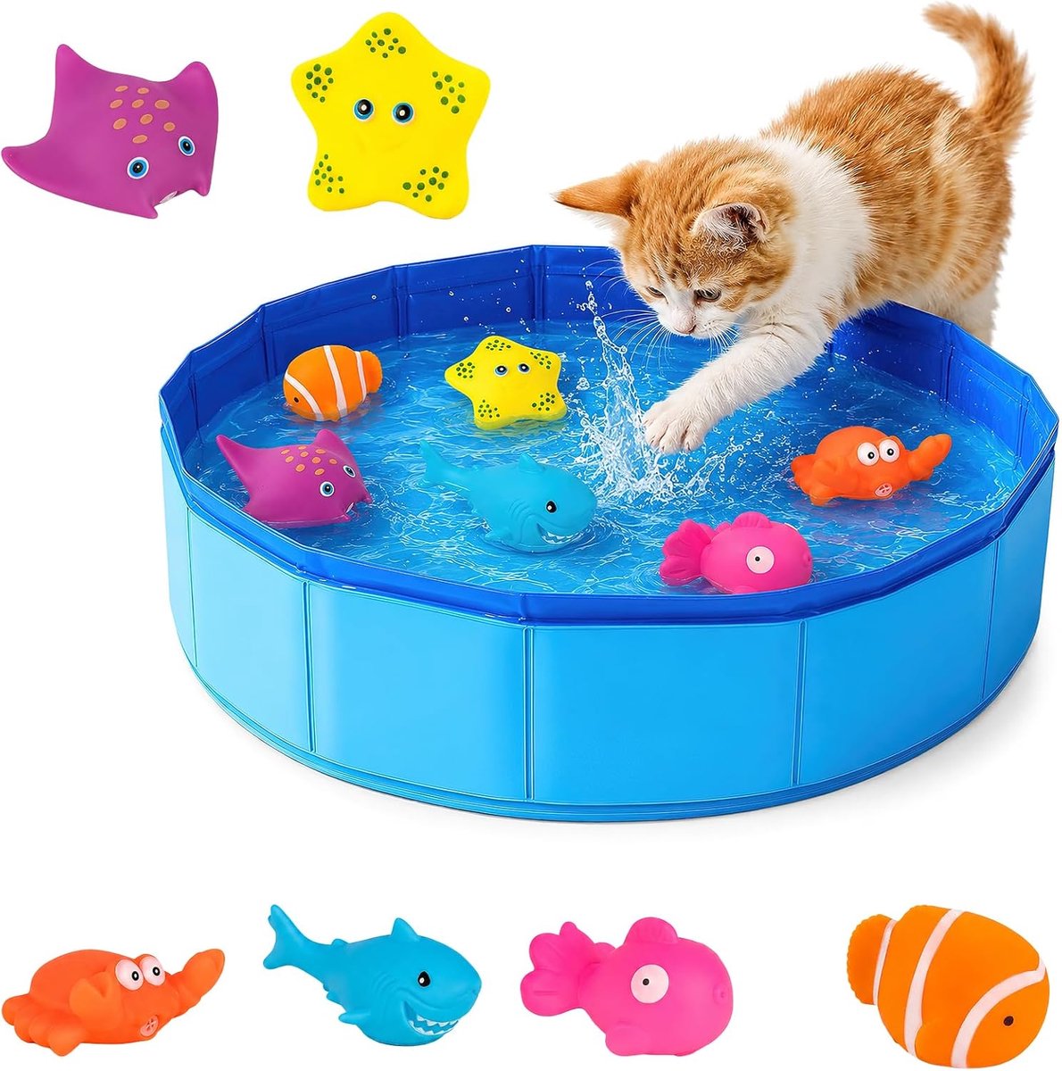 50 x 10 cm, opvouwbaar, watermat, kat met 6 zwemspeelgoed, voor katten en kleine honden, ideaal om te spelen, te spatten en af te koelen in de zomer