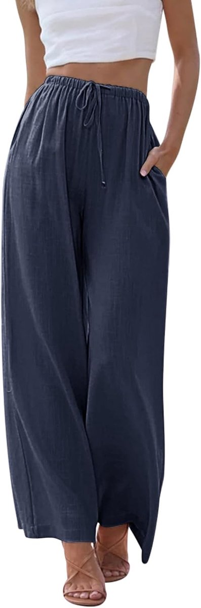 Linnen damesbroek, zomer, brede pijpen, strandbroek met elastische taillezakken, vloeiende palazzobroek, casual lichtgewicht loungebroek voor dames