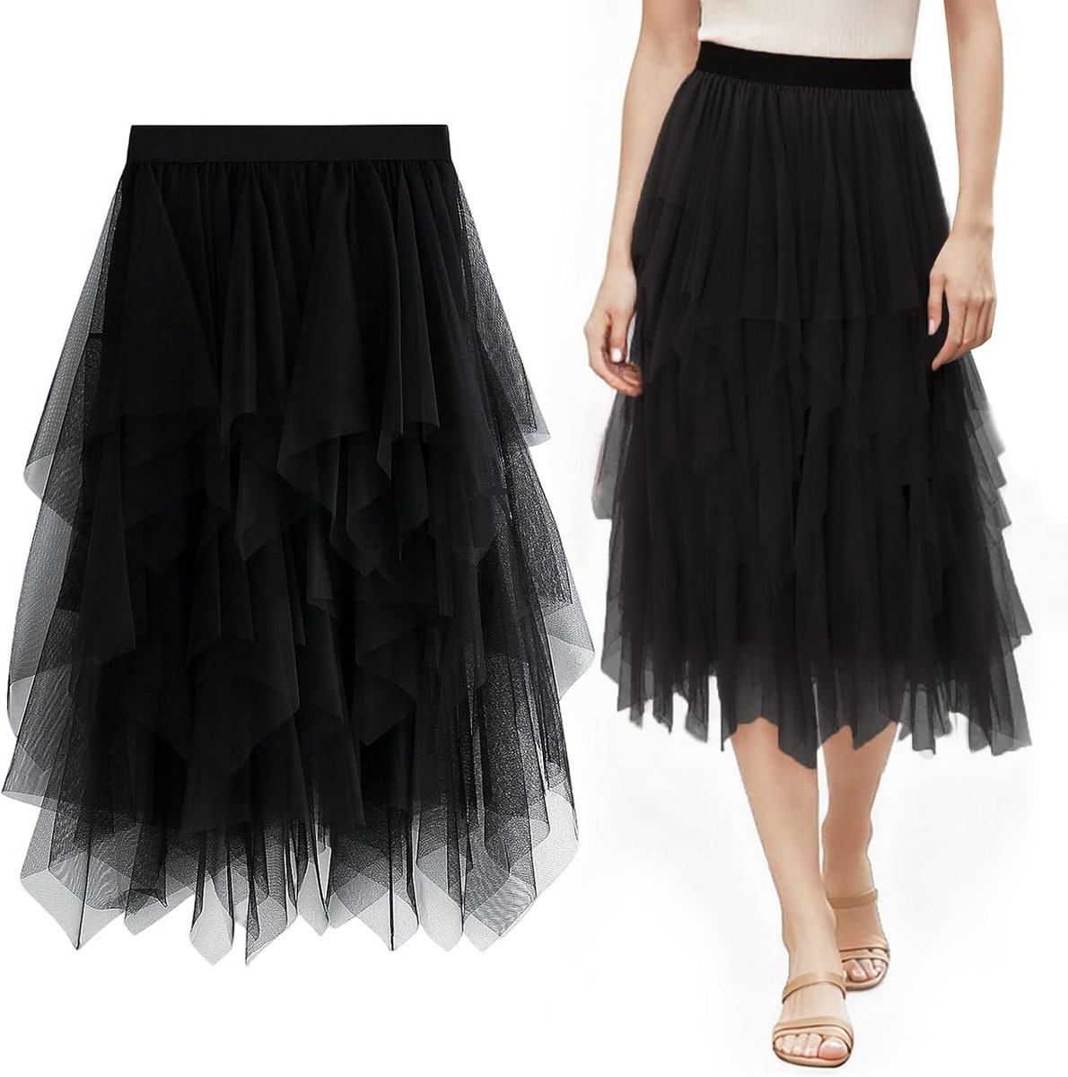 Rok voor Dames Elastisch Onregelmatige Hoge Taille Mesh Plooirok Carnaval Kostuum Elegante A-lijn Midi Tutu Gelaagd met Voering voor Prom Feest Halloween