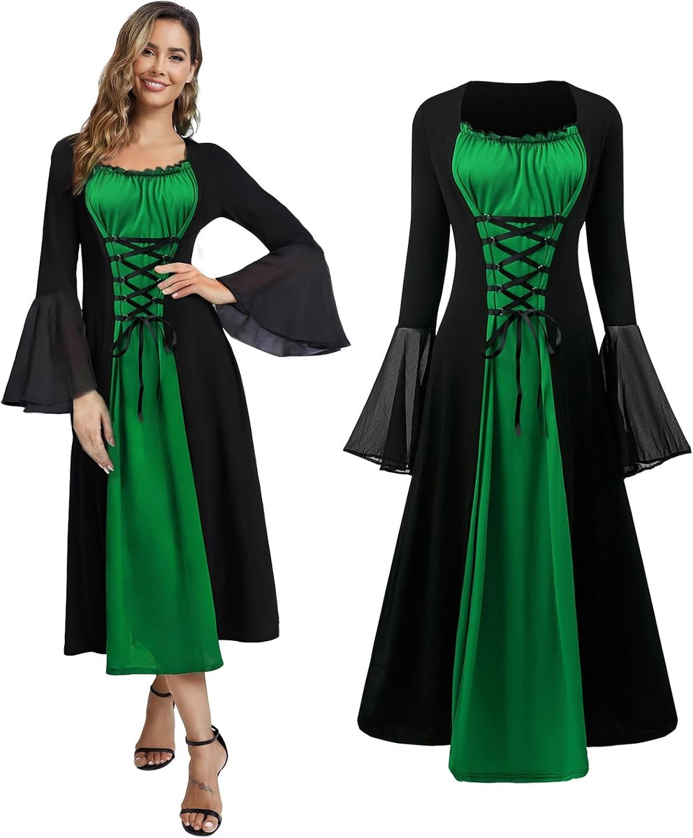 Renaissance-kostuum voor dames, middeleeuwse jurk met trompetmouwen, gothic, steampunk-jurk, Halloween, carnaval, Halloween, feest, vampier, cosplay
