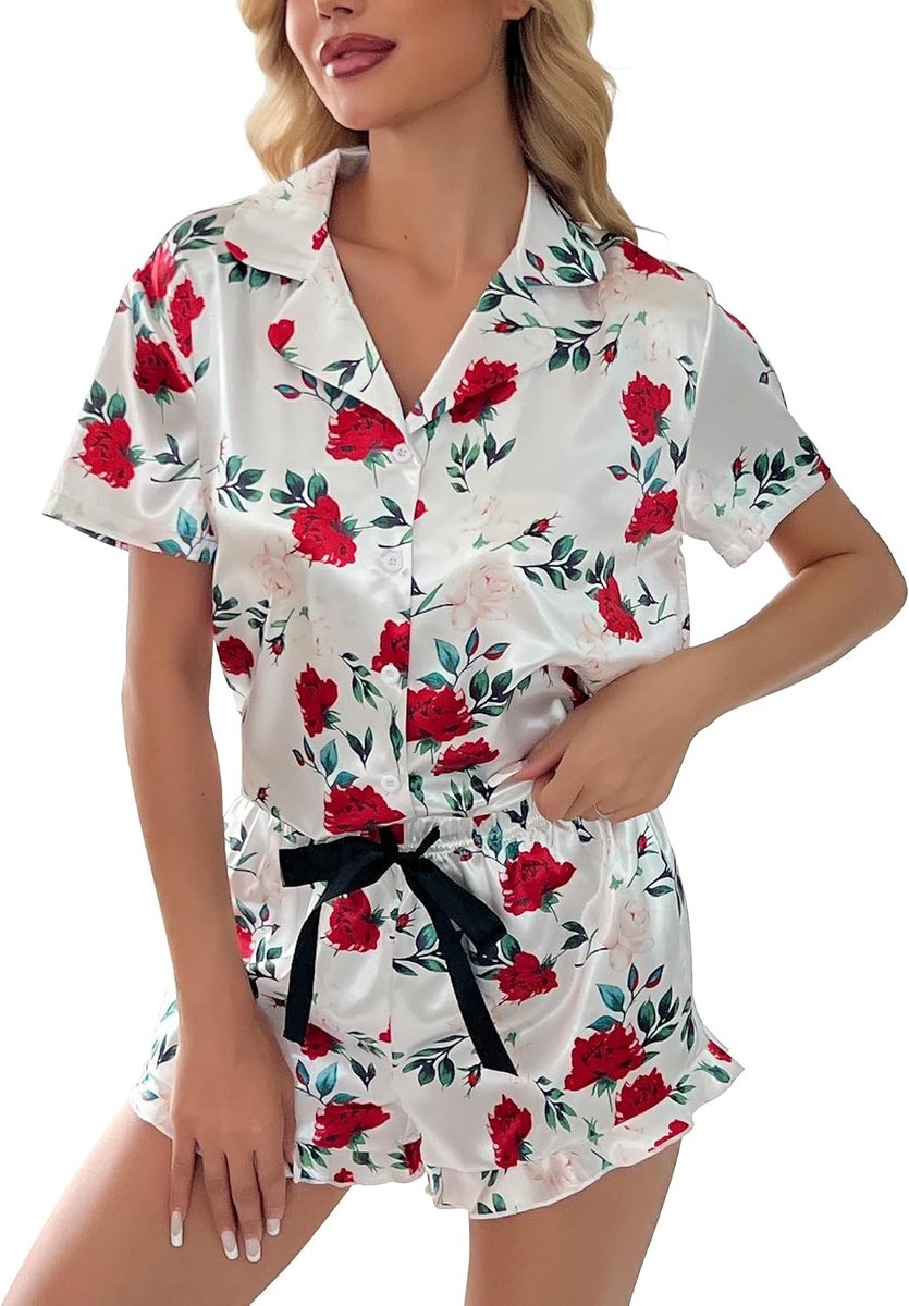 Pyjamaset voor dames, zacht, tweedelig, korte mouwen, zomernachtkleding met knoopsluiting, trekkoord shorts en ruches zoom