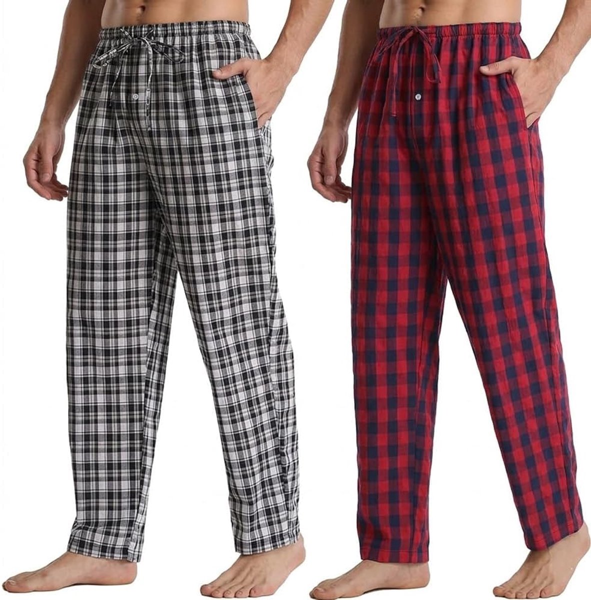 Pyjamabroeken voor heren, katoenen loungebroek met zakken, ultrazachte geruite pyjamabroek voor heren, alle seizoenen, pyjamabroek, nachtkleding, knoopgulp