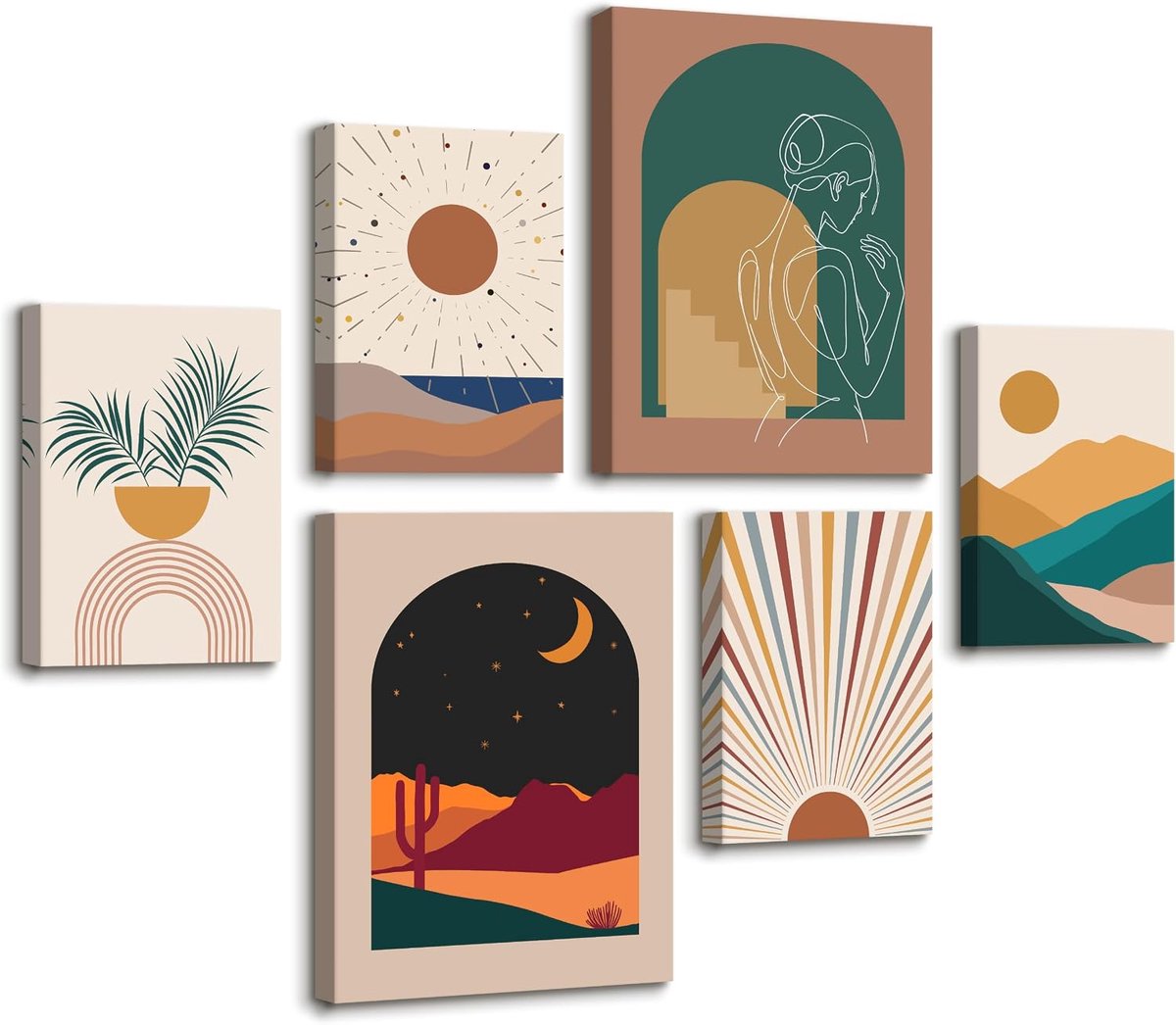 6 stuks boho beige lijnen zon wanddecoratie lijst minimalistisch abstract landschap print op canvas esthetische vrouwen planten foto poster schilderij wanddecoratie voor woonkamer slaapkamer