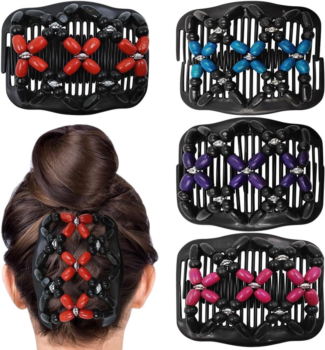 4 stuks rekbare magische haarkam voor vrouwen, dubbele kam haarklem, elastische houten parels, haarknotsmaker, magische zijde haarkam voor krullend, dik, golvend haar