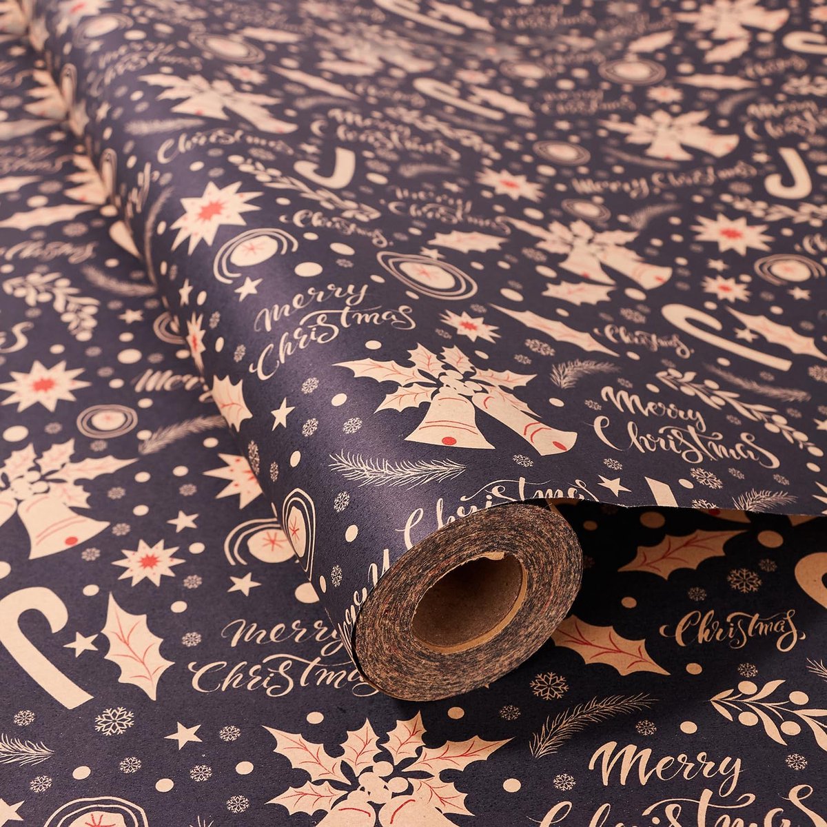 Inpakpapier rol, 43 cm x 15 m blauw kerstinpakpapier, kraftpapier voor Kerstmis, feest, feestelijke decoraties (blauwe bellen)