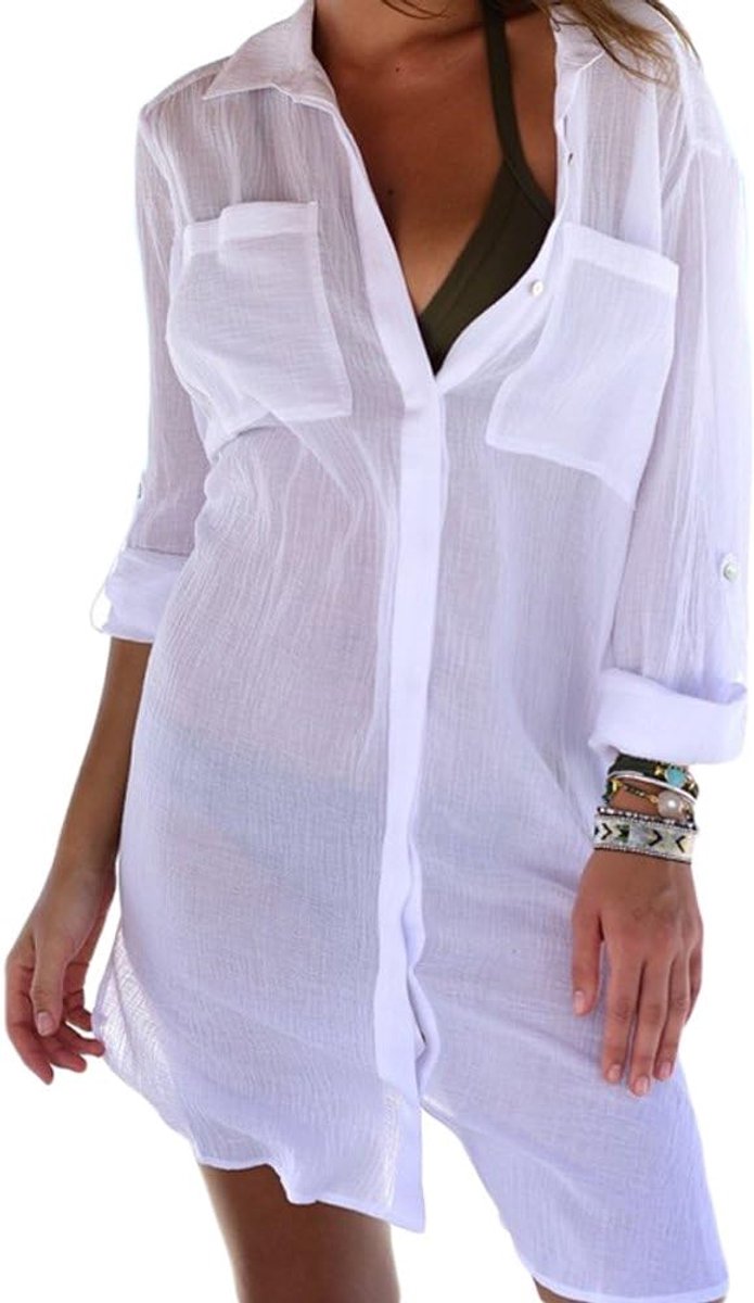 Strandjurk voor dames, lange mouwen, knopen, bikini-cover-up, strandponcho, zomer, longshirt, strand