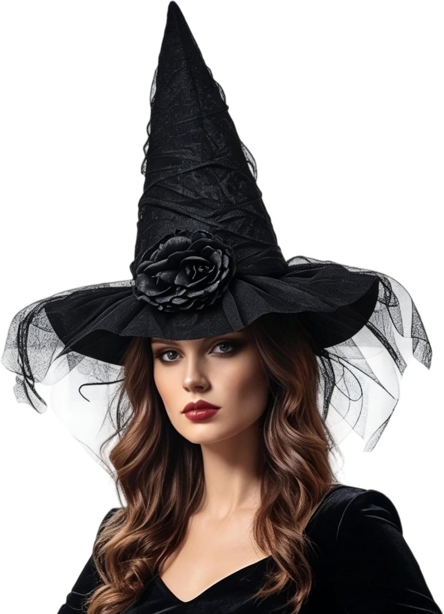Zwarte Halloween hoed met brede puntige rand, Verkleedaccessoire voor volwassenen, Prop voor Halloween, Carnaval, Cosplay en maskerbal