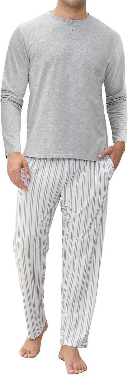 Pyjama voor heren, van katoen, warme nachtkleding voor de winter, pyjamaset, lange mouwen, met knopen en gestreepte broek met zakken, 2-delig, zacht en comfortabel