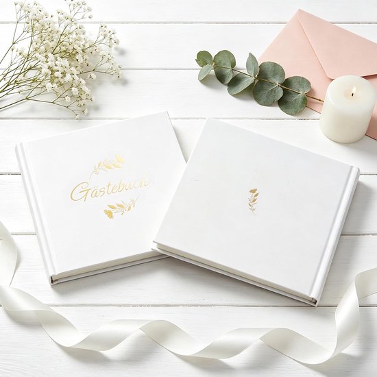 Gastenboek voor bruiloft, met 2 pagina's vaste fotostickers, hoogwaardig bruiloftsboek, hardcover met goudreliëf, afmetingen 21 x 23 cm, hoogwaardig gastenboek, 120 blanco pagina's, 6 pagina's — afbeelding 4