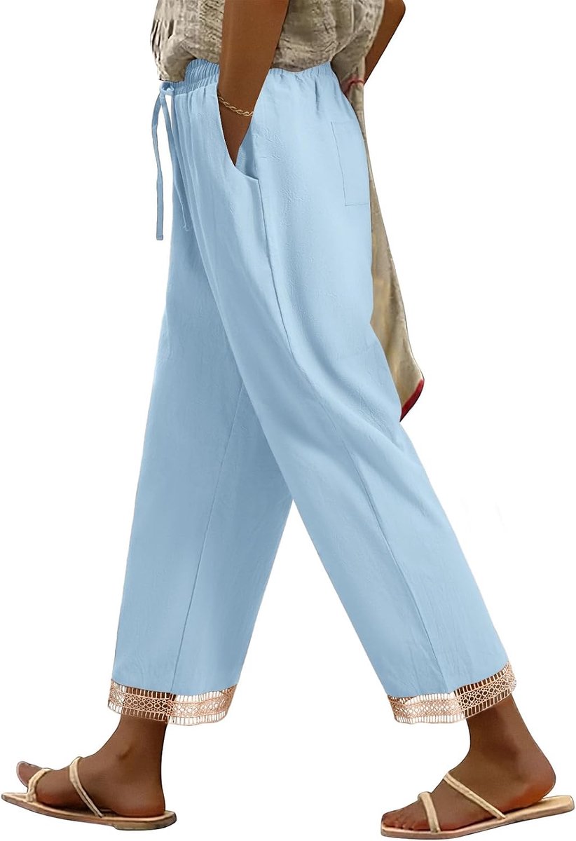 Damesbroek voor de zomer, casual, katoen, licht, breed, met elastisch trekkoord, hoge taille, rechte pijpen, broek met zakken