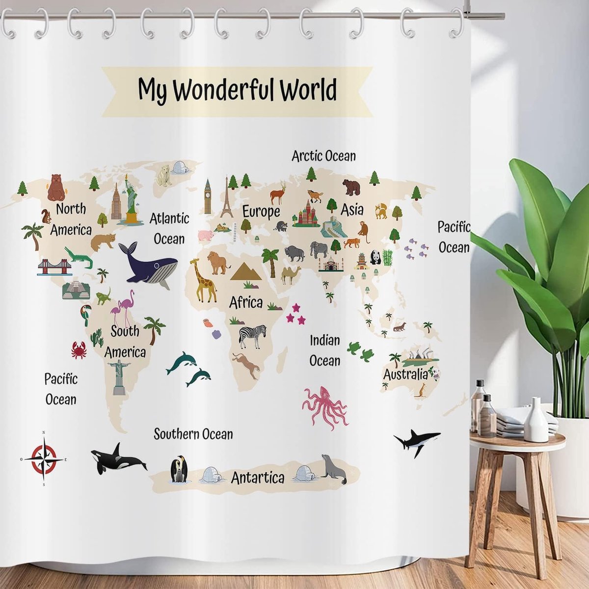 Douchegordijn, grappig, 180 x 200 cm, wereldkaart, leuke dieren, grappig, wit, wasbaar, textiel, polyester stof, waterdicht, met 12 douchegordijnhaken