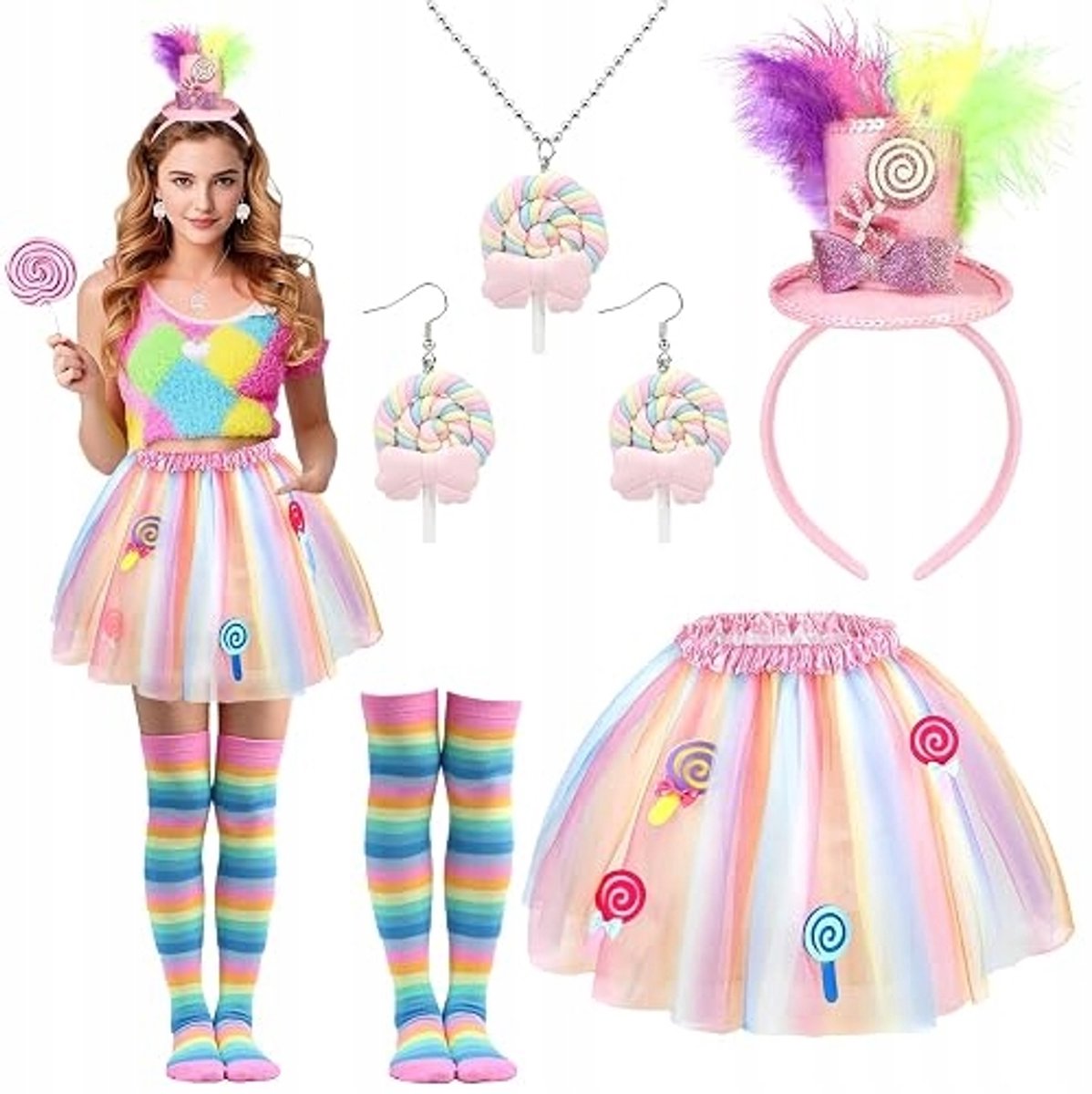 Dameskostuum Candy Land: Diadeem, Tutu, Ketting & Oorbellen