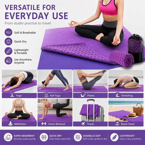 Antislip yogahanddoek - Yogamathoes - 183 x 63 cm - Antislip sportstof - Zacht en ademend - Met opbergtas van mesh - Geschikt voor fitness, strand, picknicks en yoga - Paars — afbeelding 5