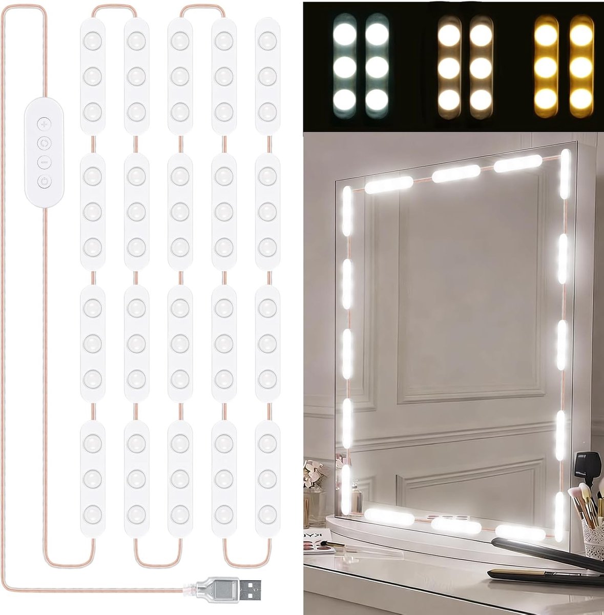 LED Spiegel Lamp voor Make-up, Verlichting voor de Kaptafel, 5 m met 3 Kleuren en 10 Dimmingsniveaus, Geschikt voor Cosmetische Spiegels en Badkamerspiegels