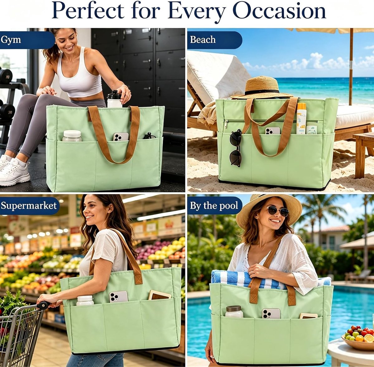 Extra grote strandtas - Groen - 50 x 38 x 19 cm - Waterdichte Opvouwbare Tas - Voor Dames