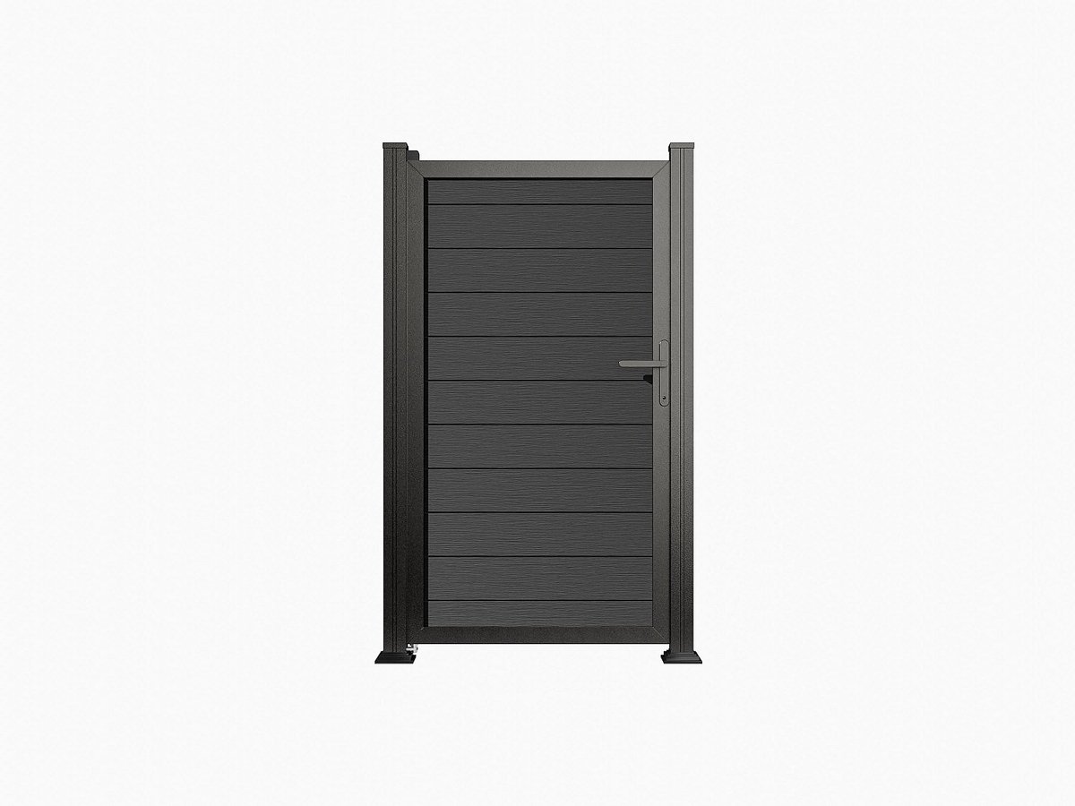 Vente-unique Draaibaar dicht tuinhek – Composiet met houtlook- B100 x H183 cm - Antracietgrijs SENZIO