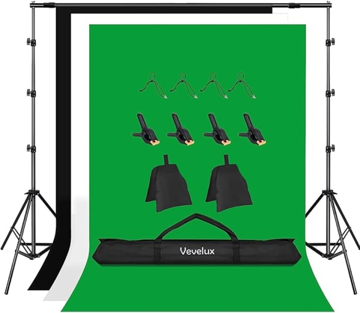 Fotografie Achtergrond Statief Set - Verstelbaar 2.6 x 3 m - Met Groen Scherm, Zwarte en Witte Achtergrond, Klemmen en Draagtas