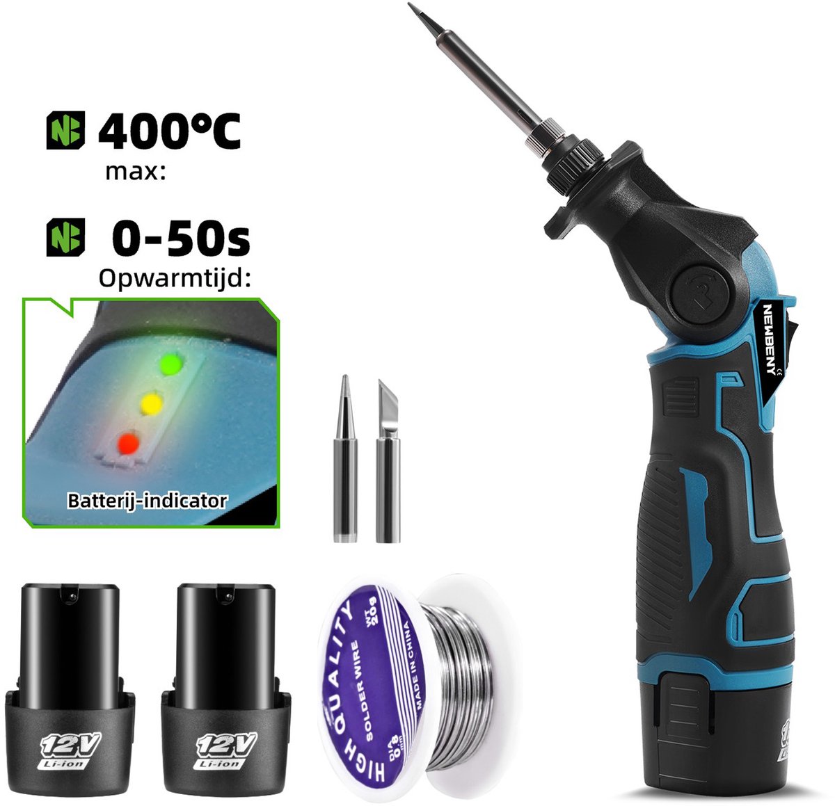 NewBeny Soldeerbout - Draadloze Soldeerbout - 400 °C Inclusief Soldeertin & 2x Accu’s - Soldeerset