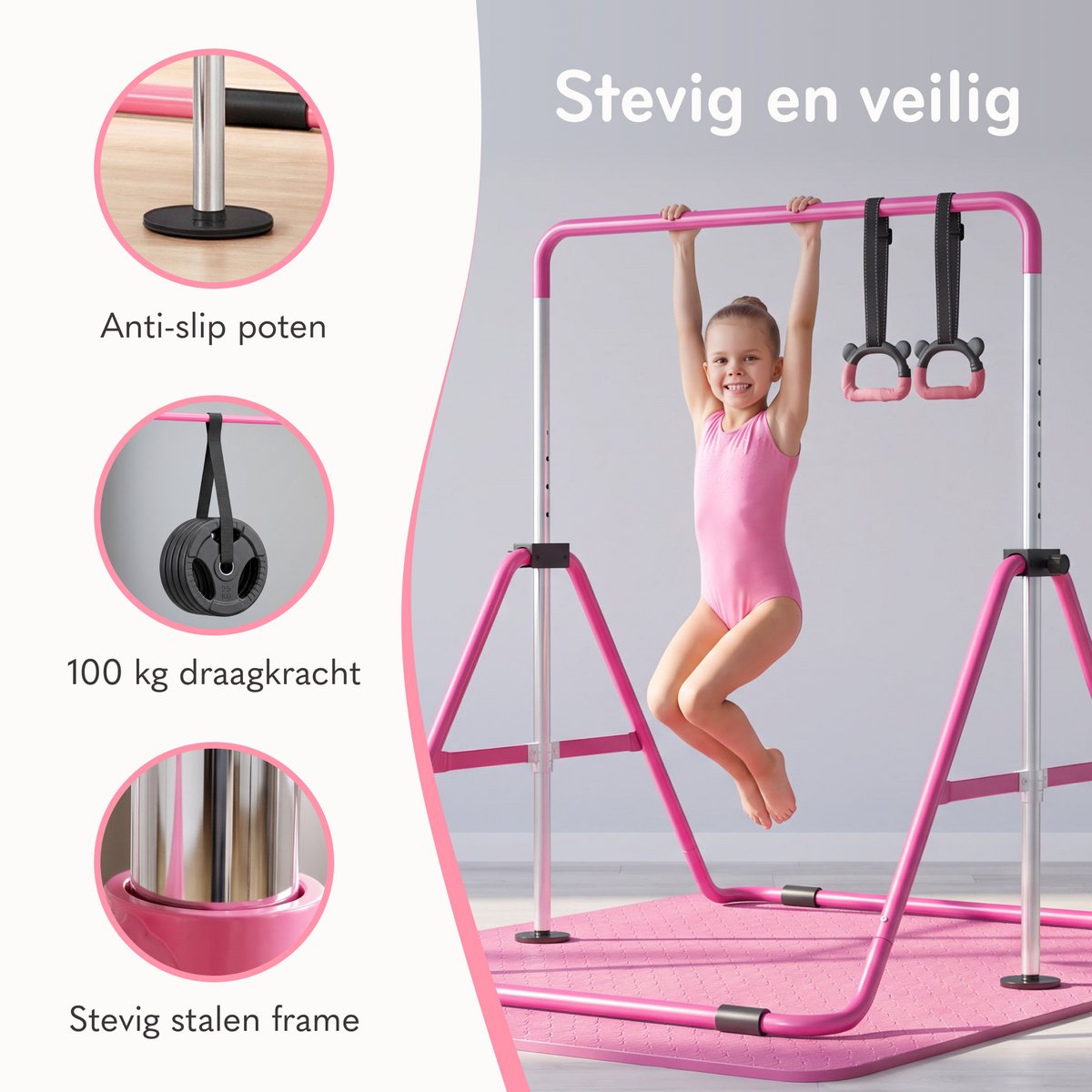 Jespro Inklapbaar Turnrek - Incl. Beschermmat en Ringen - Klimrek - Verstelbaar in 4 hoogtes - Rekstok - Duikelrek - Kinderen - Peuter - Voor buiten en binnen - Klimboog - Roze — afbeelding 7