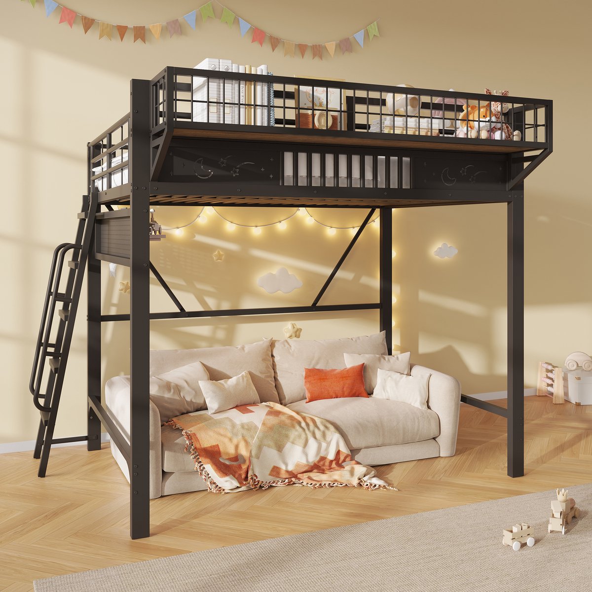 REDOM - Hoogslaper - 140 x 200 cm - Metalen bedframe - Opbergruimte - Open onderruimte - Kinderkamer - Metaal - Zwart - 235 x 169 x 188 cm