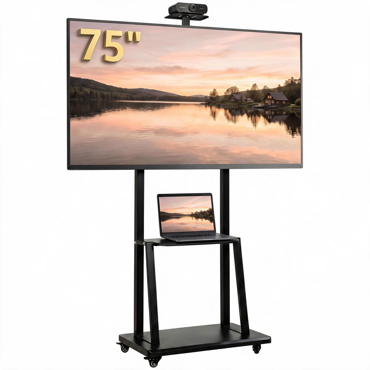 TEKROA® Mobiele tv-standaard - voor 32-75 inch tv's - met verstelbare hoogte en plank - Met wielen - zwart