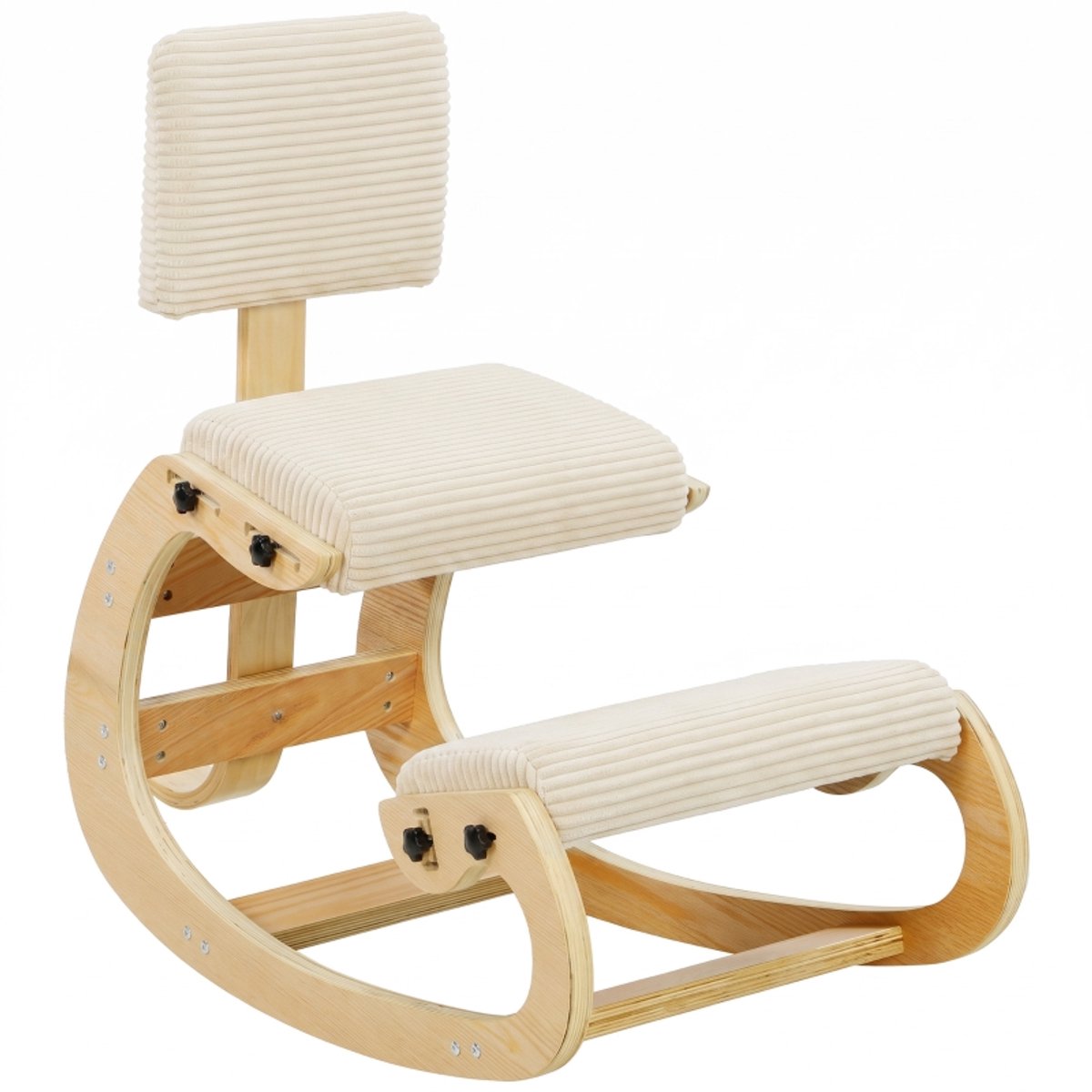 REDOM - Knietstoel met rugleuning - Ergonomische zithouding - Zachte schommelfunctie - Breed kniekussen - Cordstof - Bureau en meditatie - Cremewit - 98 x 54 x 86 cm