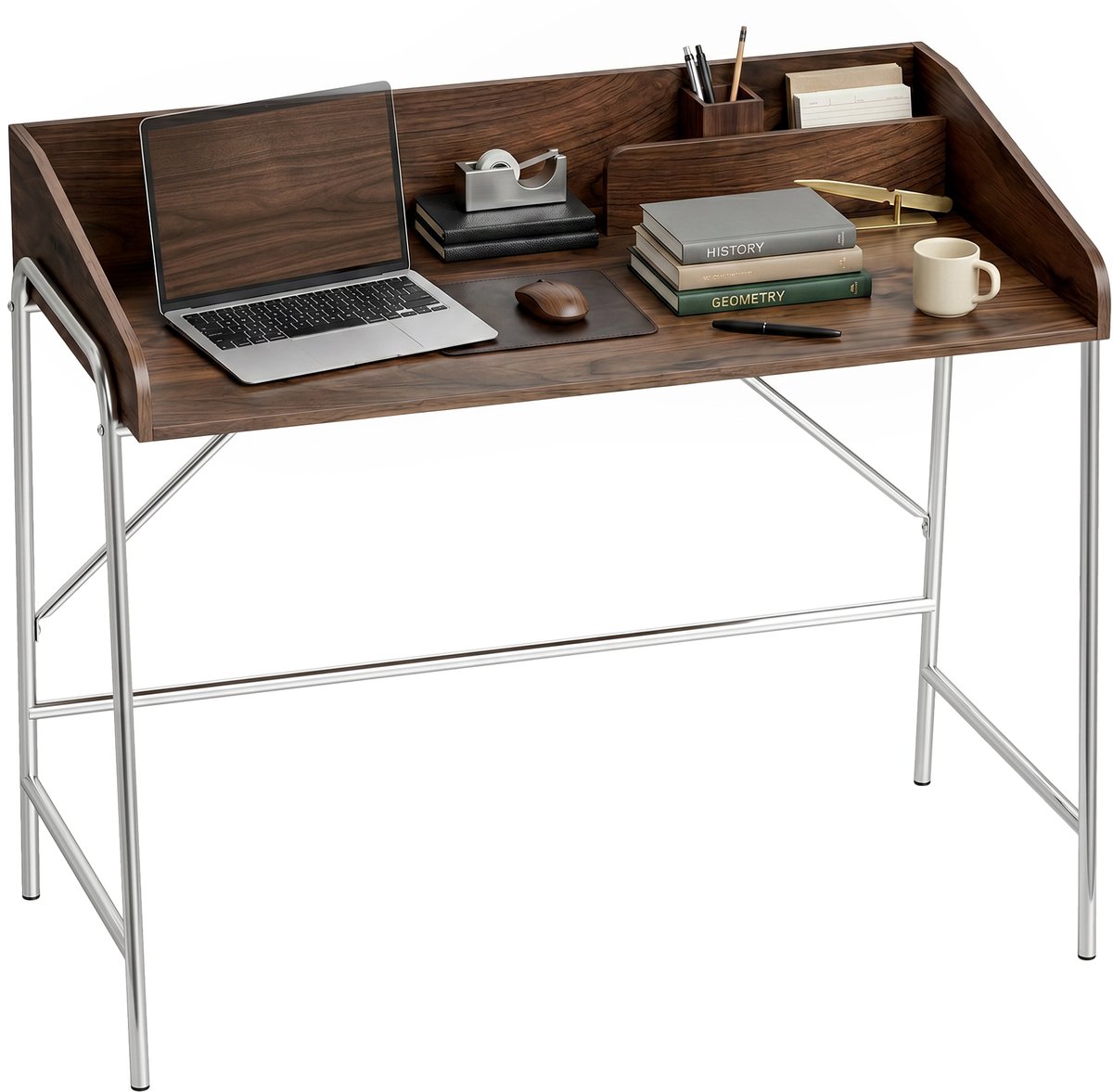 Bureau - 109 cm computerbureau met veiligheidsrand en metalen frame - walnoot