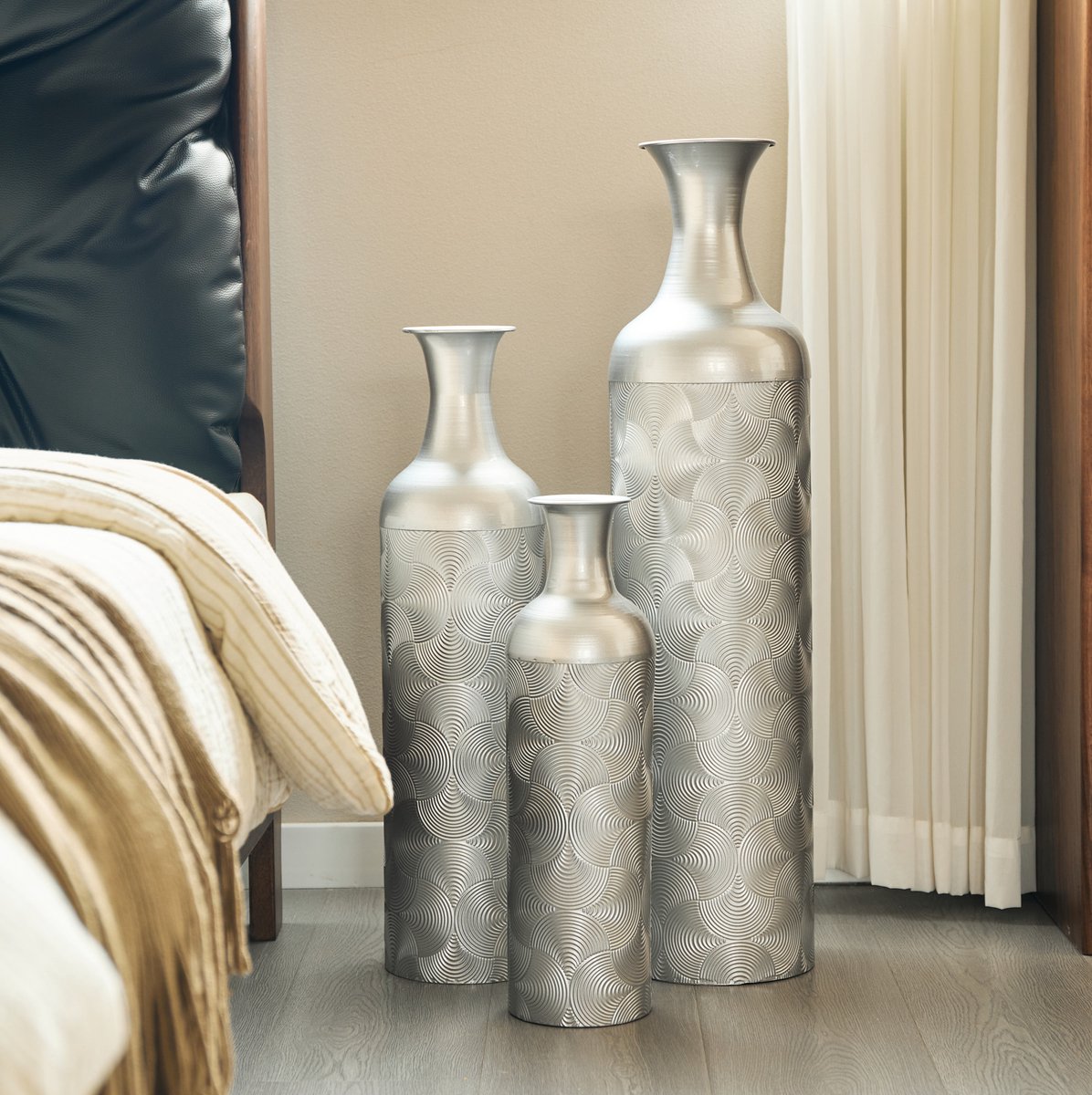 MODFU - Vloervaas Set - Wellenpatroon - Modern - Voor Binnen - Metaal - Zilver - 83 Cm