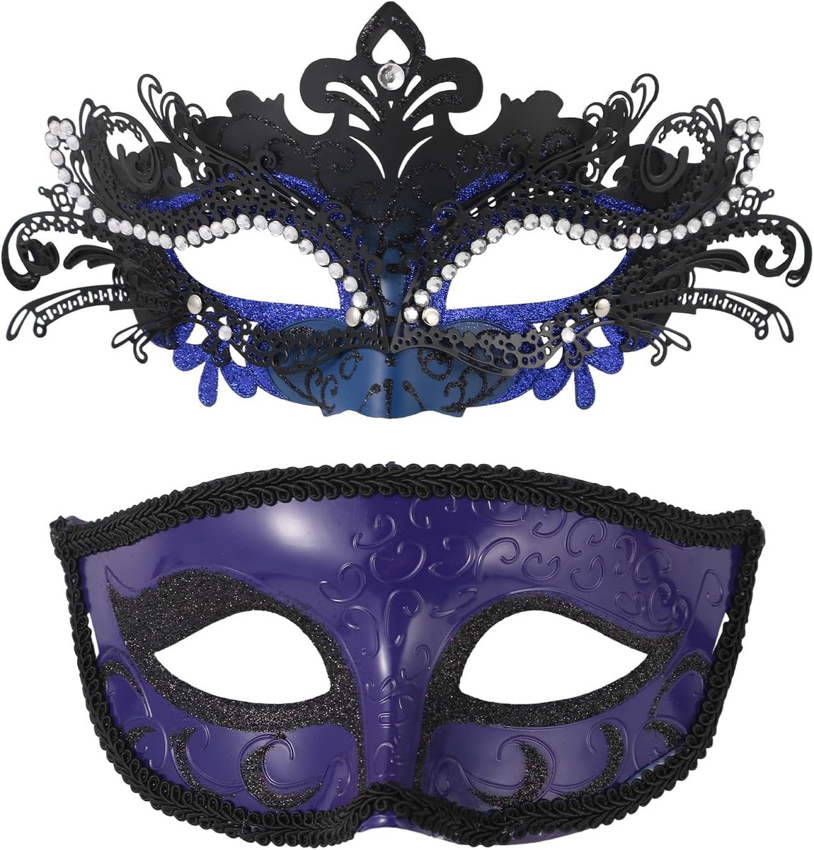 2-delige Venetiaanse Masker Set: Blauw Zwart Masker met Strass en Metallic Uiterlijk voor Halloween, Carnaval en Bruiloften