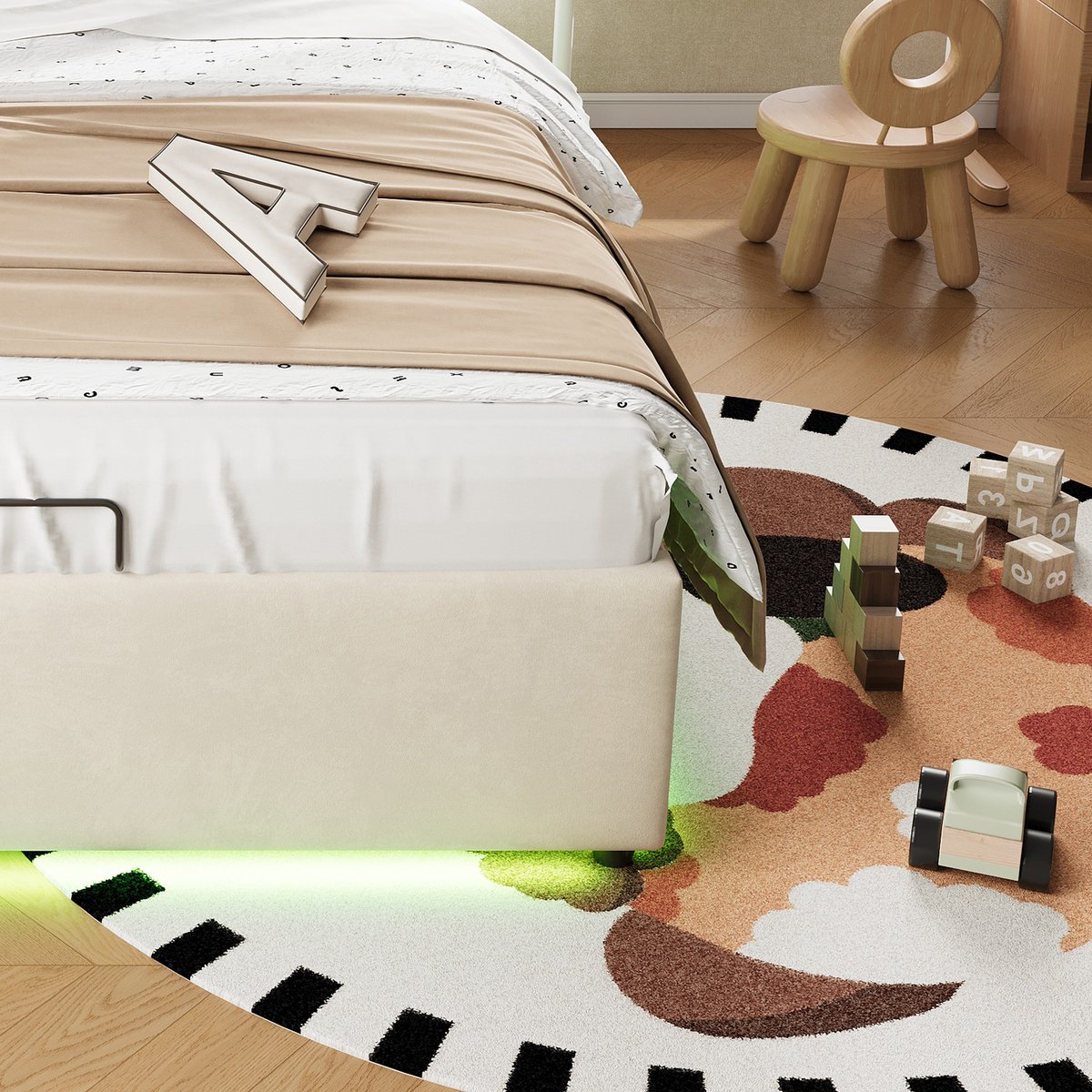 WUVRIE Kinderbed 90x200 cm met hydraulische opbergruimte, 3 lades en LED, beige