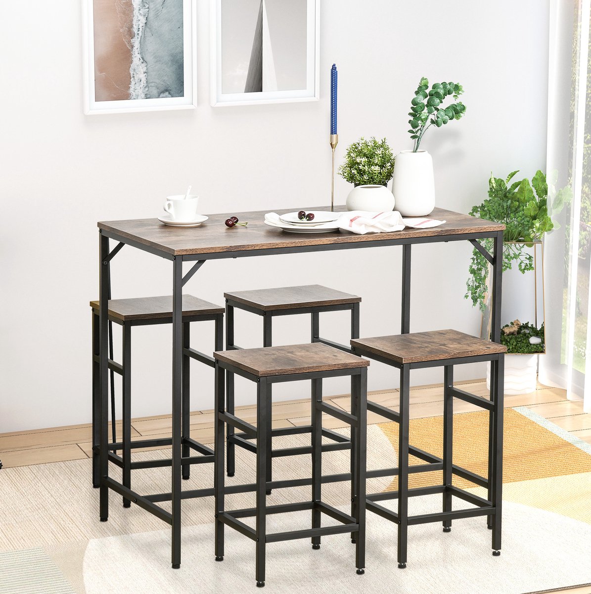 DESMIU Bartisch-Set 100 x 60 x 88 Cm - 4 Barhockers Met Voetensteun - Voor Keuken En Eetruimte - Hout En Metaal - Bruin Zwart