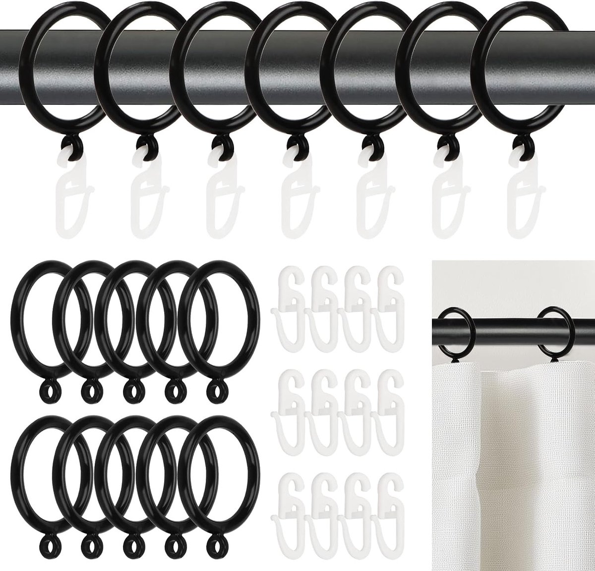50 Stuks Gordijnringen met 50 Haken, Plastic Gordijnringen 32mm, Geluidsloze Ringen voor Raamdecoratie en Douchegordijnen