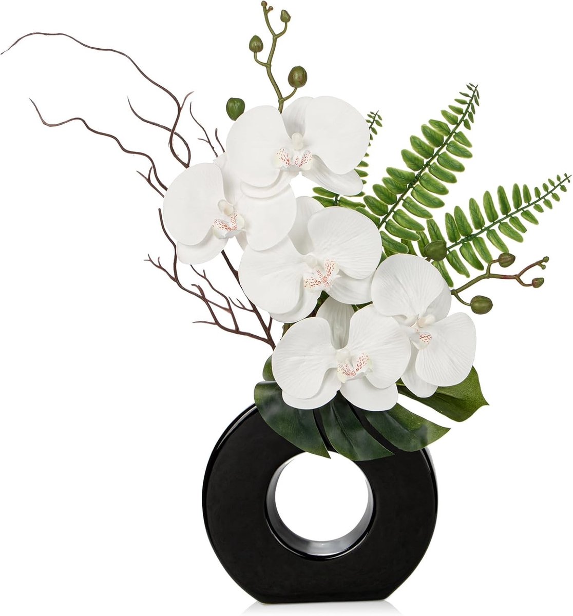 Kunstmatige Orchideeën 41 cm Witte Zijde Orchideeën met Zwarte Keramieken Vaasje - Faux Phalaenopsis Bloemarrangement voor Thuis, Kantoor en Tafeldecoratie