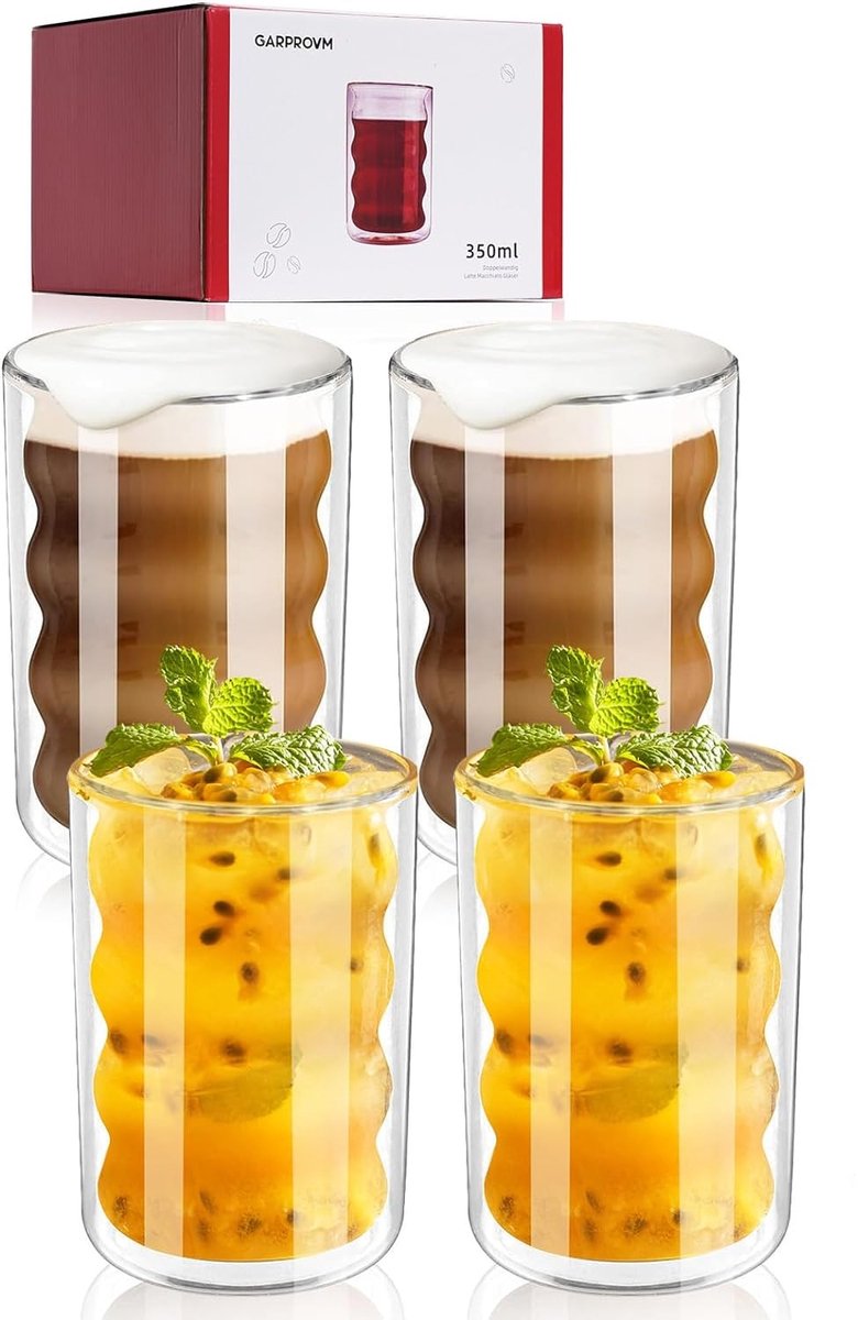 Dubbelwandige glazen kopjes set van 4 – 350 ml – Espresso- en koffiebekers voor warme en koude dranken – Borosilicaatglas – Transparant