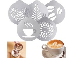 Set van 5 RVS Koffiestencils voor Cappuccino en Melkschuim - Perfect voor DIY Koffie Decoratie en Creatieve Art Templates
