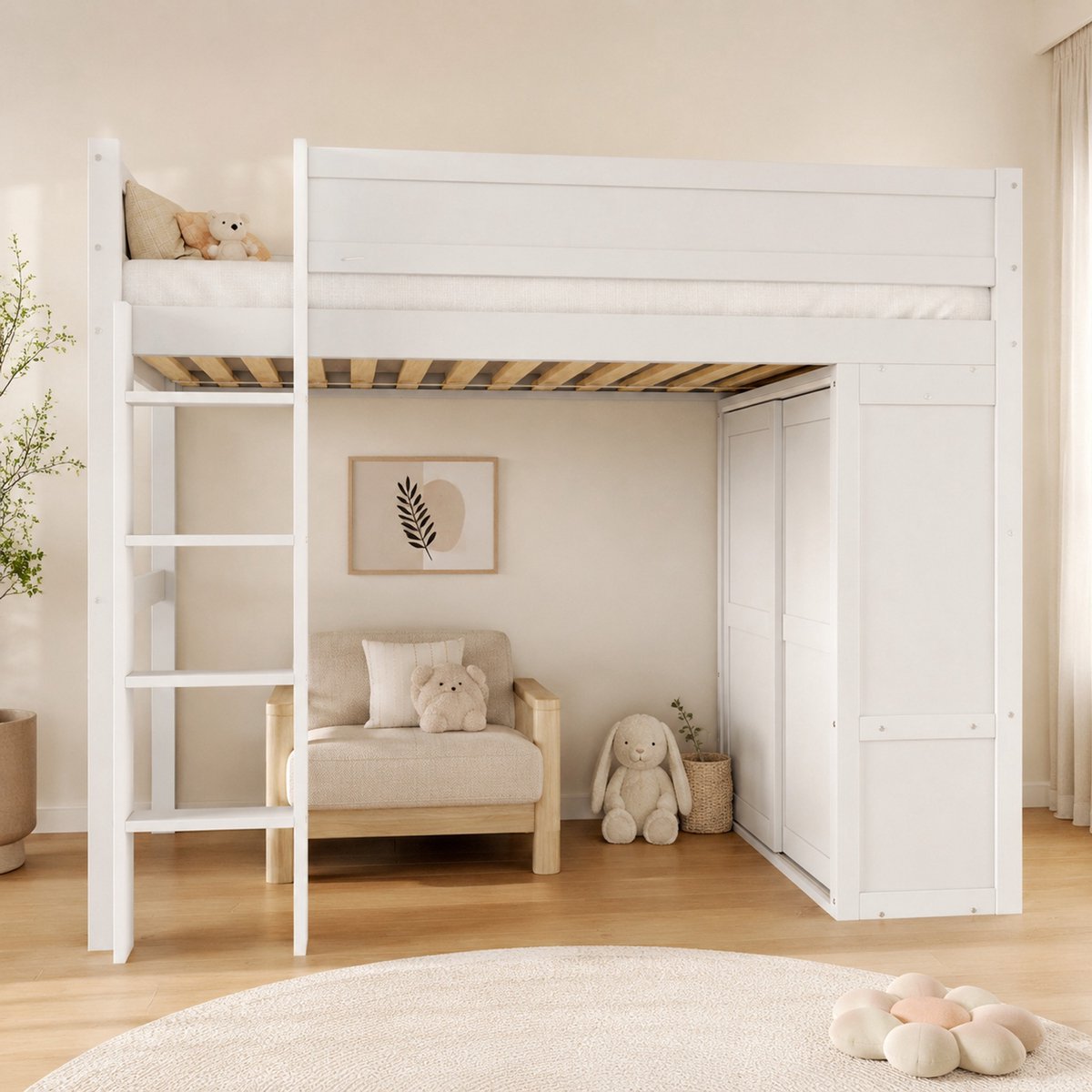 MIVRAY Hoogslaper 90x200 Cm Zonder Matras - Kinderbed Met Kledingkast en Opbergruimte - Met Ladder en Veilig Hek - Hout en MDF - Wit