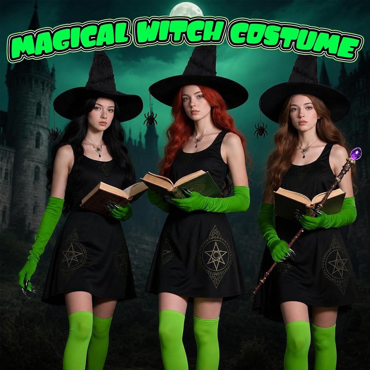 Heks kostuum set met Lolita-hoed, fluorescerende overkniekousen, groene handschoenen en spinketting voor Halloween, carnaval en cosplay accessoires