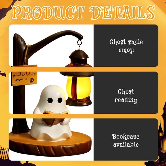 Spook leeslamp, Verlicht Spook bureaulamp, LED-leeslamp, Lichtgevend beeldje, Harsbeeldje, Halloween-decoratie voor kantoor, slaapkamer, studentenkamer, Spook onder de lamp — afbeelding 2