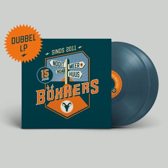 Dubbel LP van Bokkers met de titel 'Nooit Meer Noar Huus'. De hoes is turquoise met oranje tekst en een afbeelding van een geit, inclusief de tekst 'Sinds 2011'. De LP zelf is turquoise.