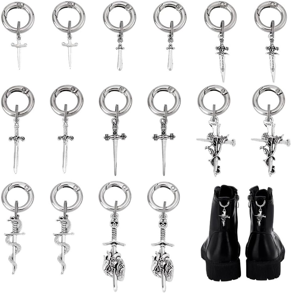 16 stuks zwaardvormige schoenhangers in 8 stijlen voor laarzen en sneakers, antiek zilver en platina, unieke DIY schoenaccessoires met ringen