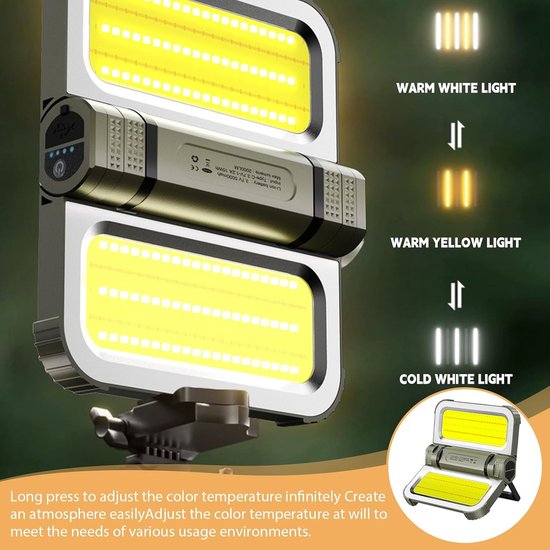Campinglamp met 5000mAh accu - 2000LM, 5 modi, campinglamp op zonne-energie en USB-oplaadbaar, draagbaar, IPX4 waterdicht, campinglicht met haak en magneet voor tent, noodgeval, reizen, donkergroen [Energieklasse F] — afbeelding 2
