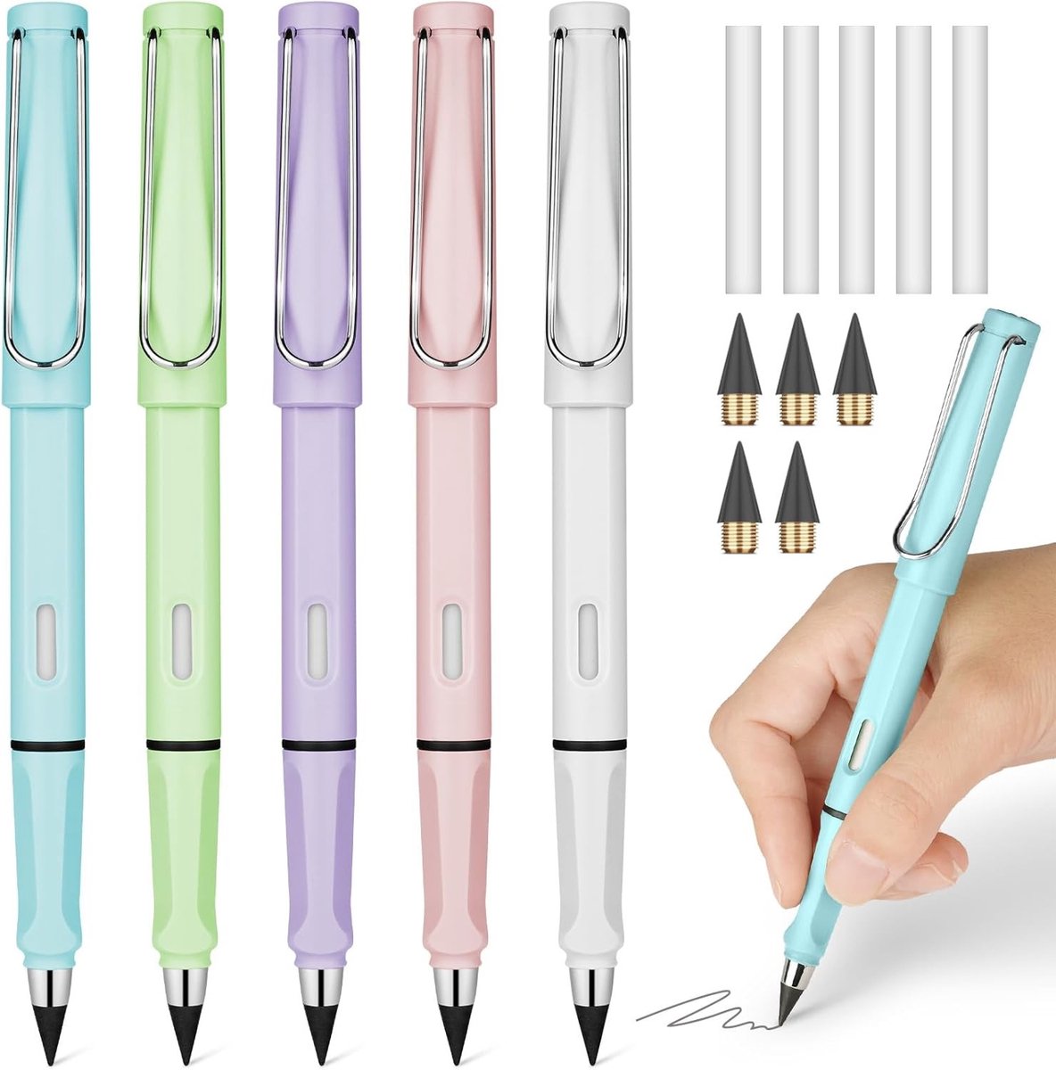 Vijf Stuks Inkless Eternity Potloden met Gummetjes en Verwisselbare Koppen voor Schrijven, Tekenen en Creatieve Projecten, Herbruikbaar en Draagbaar voor Thuis en Op School