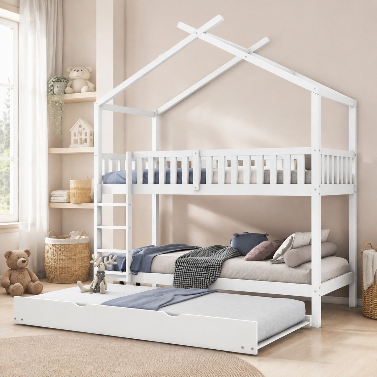 COVREO Stapelbed met uitschuifbed – 90x200 cm – Jeugdbed voor 3 slaapplaatsen – met ladder en hek – Wit - zonder matras