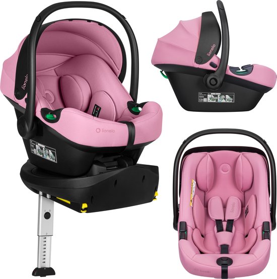 Collage van drie afbeeldingen van een roze autostoel. Eén toont de stoel op de ISOFIX-basis. Een andere toont de stoel met kap. De derde toont de stoel van voren.