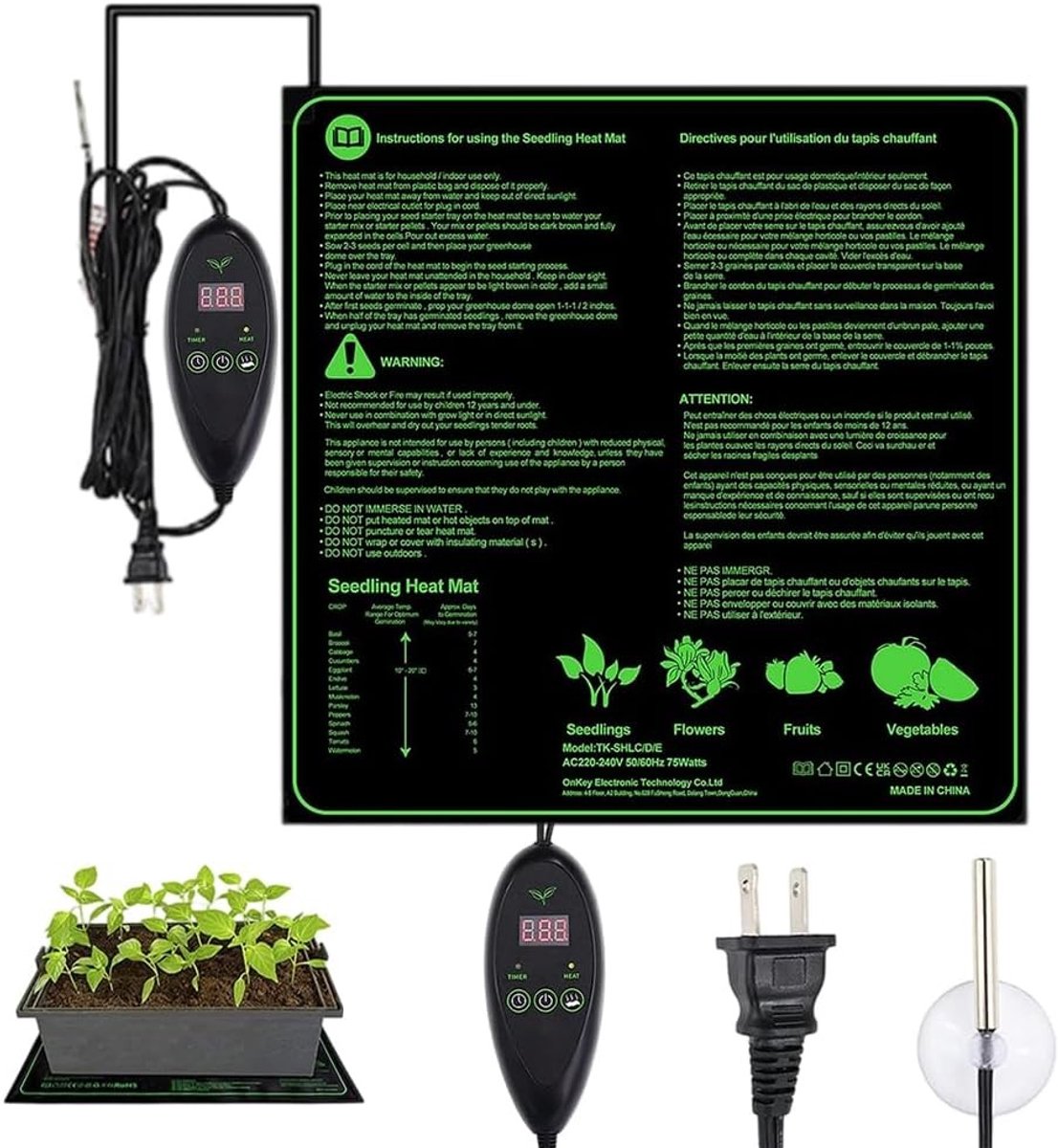 Verwarmingsmat voor Planten met Thermostaat, 50 x 50 cm, Waterdichte Kweekmat met 6 Temperatuur- en Timerinstellingen voor Groenehuizen of Kweekdozen, 20-45 °C, Ideaal voor Zaailingen en Groei