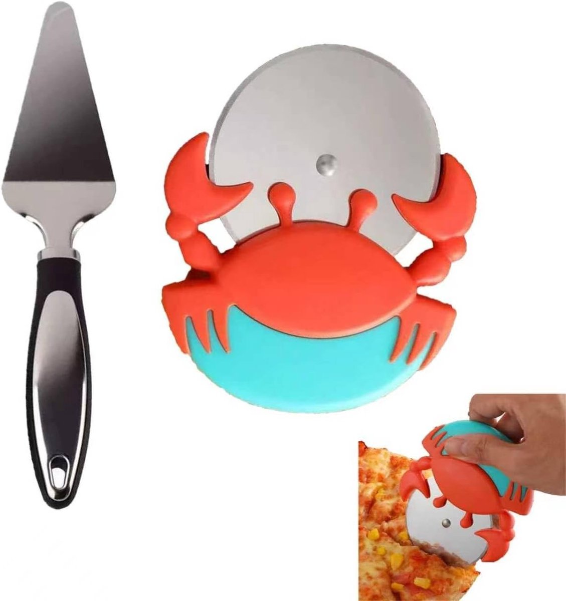 Krabvormige pizzasnijder set van 2, roestvrijstalen snijwiel met comfortabele grip, ideaal voor pizza, cake en taarten, eenvoudig schoon te maken en leuk keukengadget
