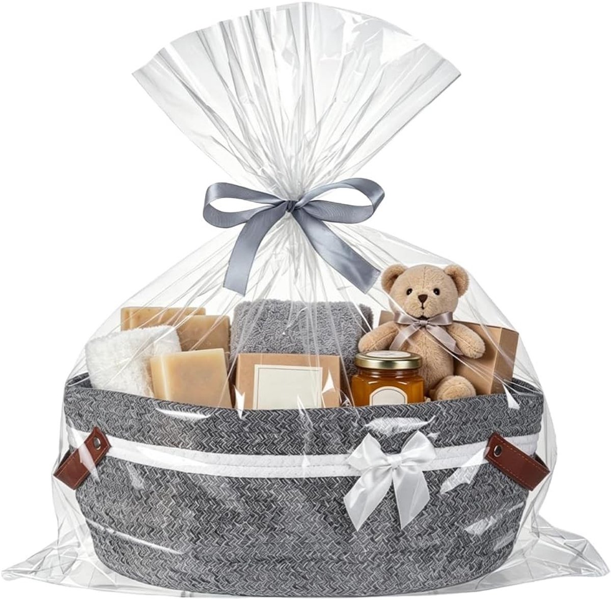 Woven Katoenen Cadeau Mand met Handvat en Vooraf Geknoopt Strikje voor Thuisopslag, 37 x 26 x 14.5 cm (Grijs) - Ideaal voor Organisatie, Decoratie en Cadeaus