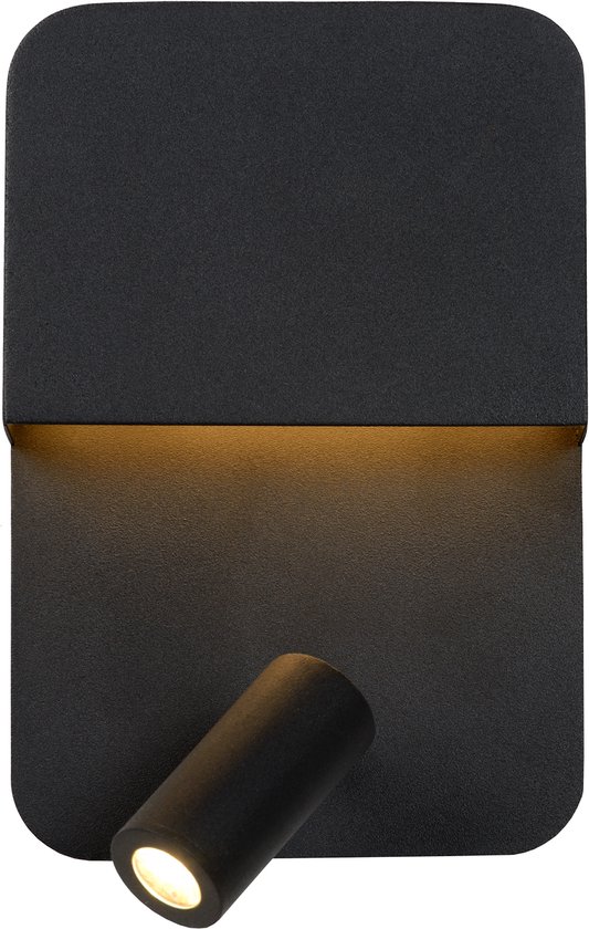 Zwarte wandlamp met subtiele gouden lichtstrip en verstelbare spot.