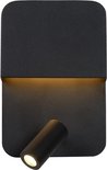 Zwarte wandlamp met subtiele gouden lichtstrip en verstelbare spot.