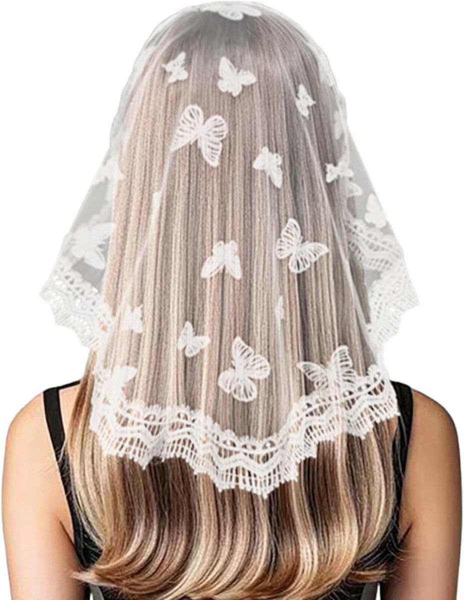 Elegante Mantilla Kap met Vlinderbloemen, Kant Sluiers voor Latijnse Mis en Kerkdiensten voor Vrouwen en Meisjes